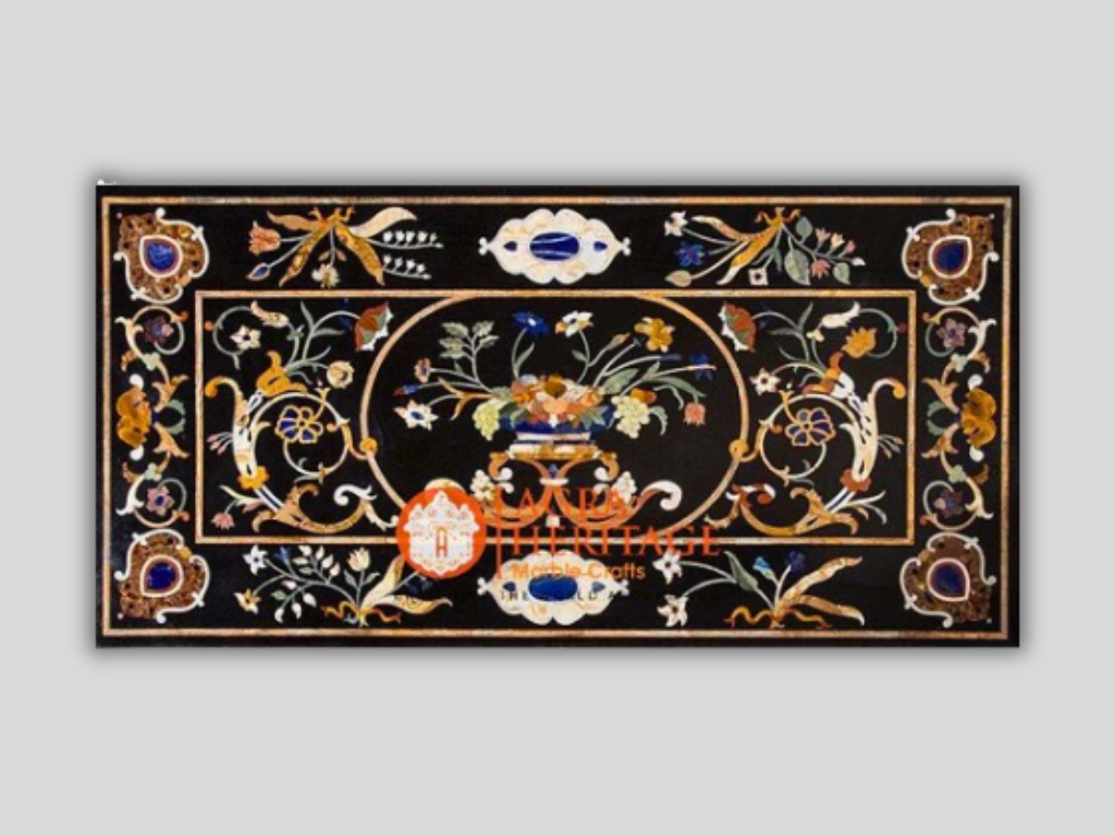 Black Marble Big Dining Table Top Pietra Dura Inlay Arts